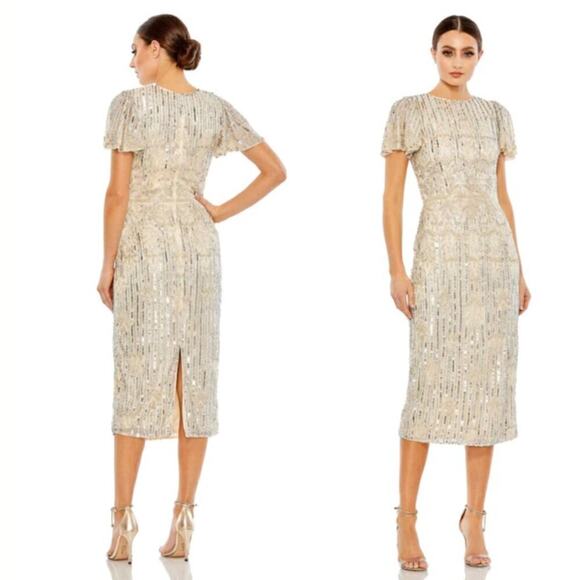 Mac Duggal Nude Silver Embellished Flutter Sleeve High Neck Dress 6 - Picture 1 of 13